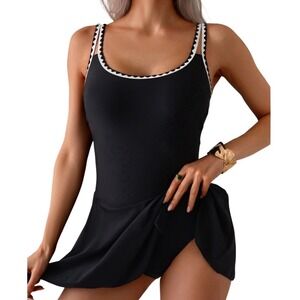 Women's Eeomenie Black And White One Piece Swim Dress Size S Mom Suit Modest